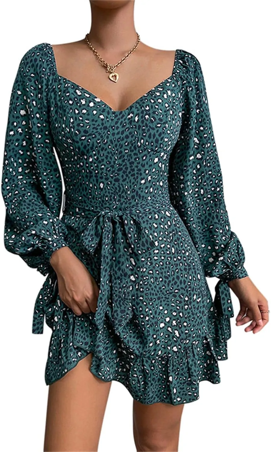 Womens Floral Ruffle Sun Dress Sundress V Neck Long Sleeve Smocked Skater Mini Dress Summer Print Swing A-Line Dresses