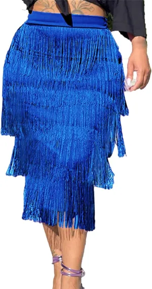 Women's Fringe Trim High Waist Pencil Bodycon Skirts Sexy Elegant Fringe Long Maxi Skirt Tassel Tiered Solid Party Dress