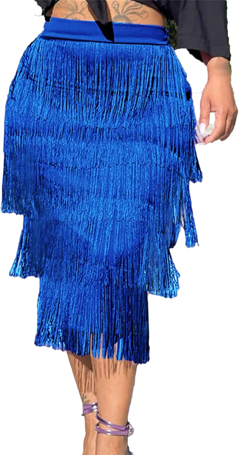 Women's Fringe Trim High Waist Pencil Bodycon Skirts Sexy Elegant Fringe Long Maxi Skirt Tassel Tiered Solid Party Dress