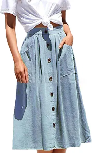 Women's High Waist Midi Skirt Vintage Elastic A-Line Pleated Button Front Skirts Casual Stretchy Skirts with Pockets