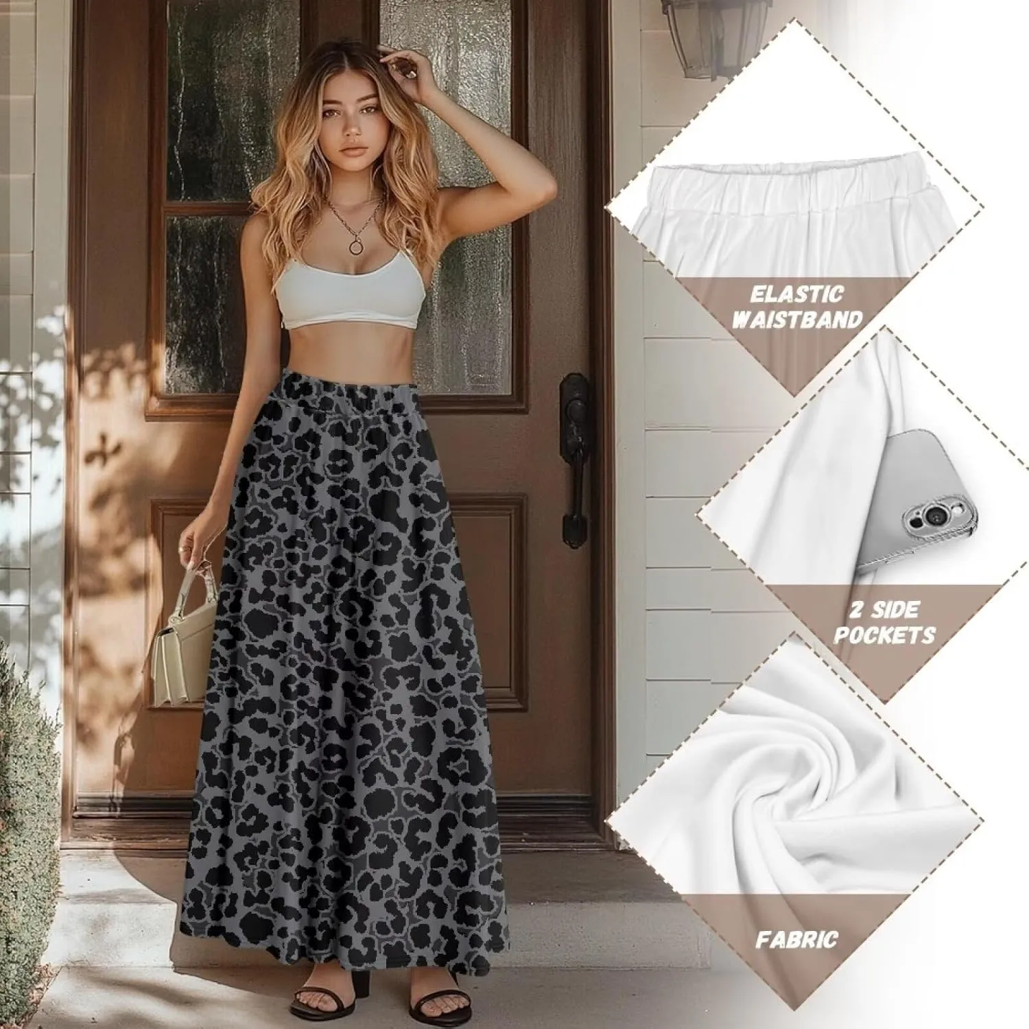Women's High Waiste Skirt Long Maxi Swing Skirt Vacation Novelty Semi Formal Fit Skirt with Double Pockets