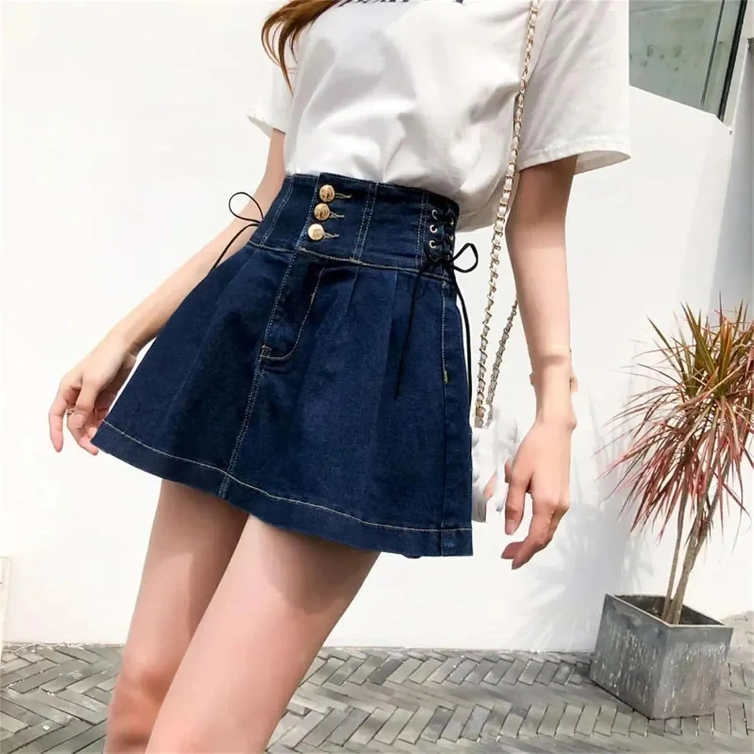 Women's High Waisted Pleated Denim Short Skirts Korean Lace-Up All-Match A-Line Jean Short Skirt
