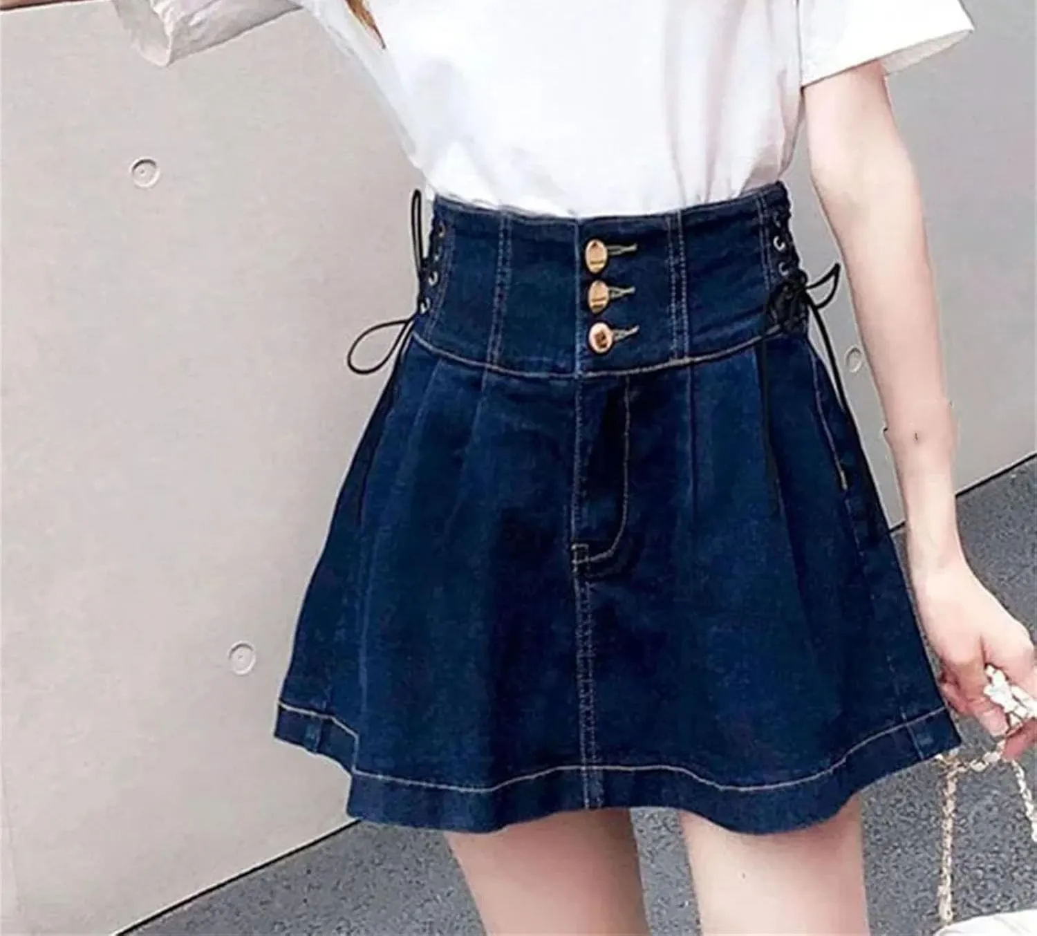 Women's High Waisted Pleated Denim Short Skirts Korean Lace-Up All-Match A-Line Jean Short Skirt