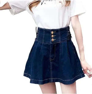 Women's High Waisted Pleated Denim Short Skirts Korean Lace-Up All-Match A-Line Jean Short Skirt