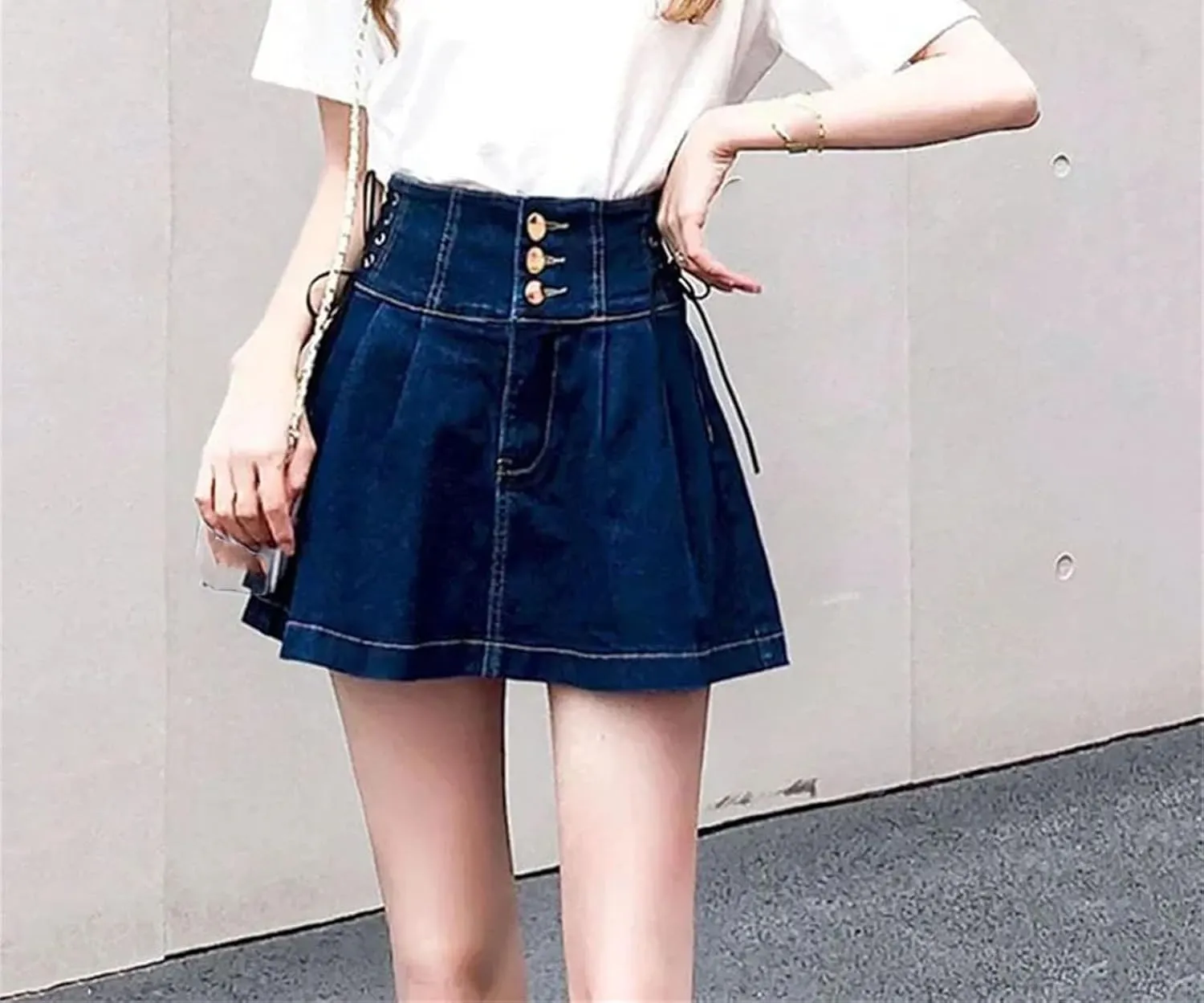 Women's High Waisted Pleated Denim Short Skirts Korean Lace-Up All-Match A-Line Jean Short Skirt