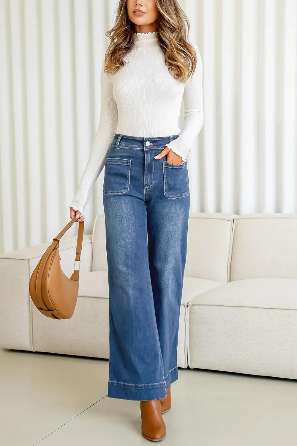 Women's High Waisted Straight Leg Jeans Stretchy Wide Leg Denim Pants with Front Pockets 2024 Trendy