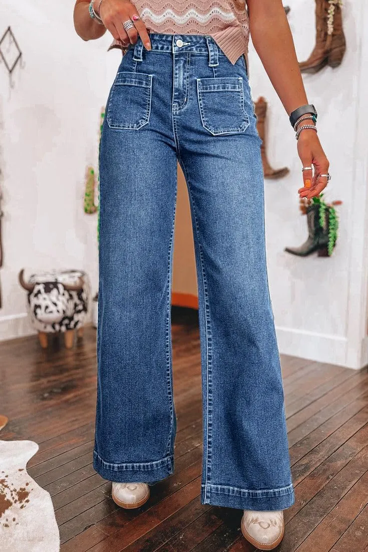 Women's High Waisted Straight Leg Jeans Stretchy Wide Leg Denim Pants with Front Pockets 2024 Trendy