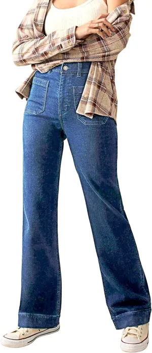 Women's High Waisted Straight Leg Jeans Stretchy Wide Leg Denim Pants with Front Pockets 2024 Trendy