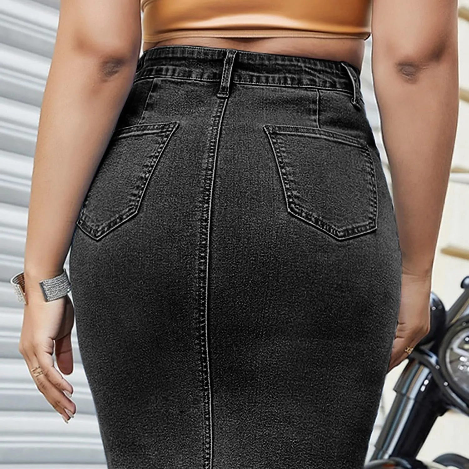 Women's Long Jean Skirts Stretch Denim Midi Skirts with Back Slit Bodycon Mid Waisted A Line Dress with Pockets