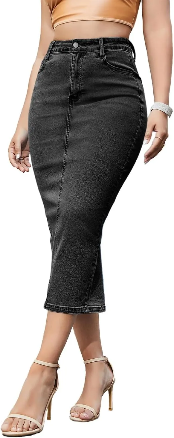 Women's Long Jean Skirts Stretch Denim Midi Skirts with Back Slit Bodycon Mid Waisted A Line Dress with Pockets