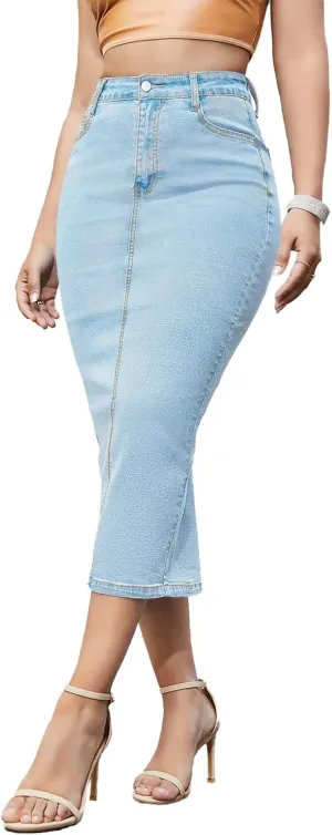 Women's Long Jean Skirts Stretch Denim Midi Skirts with Back Slit Bodycon Mid Waisted A Line Dress with Pockets