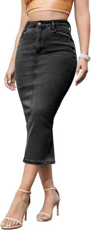 Women's Long Jean Skirts Stretch Denim Midi Skirts with Back Slit Bodycon Mid Waisted A Line Dress with Pockets