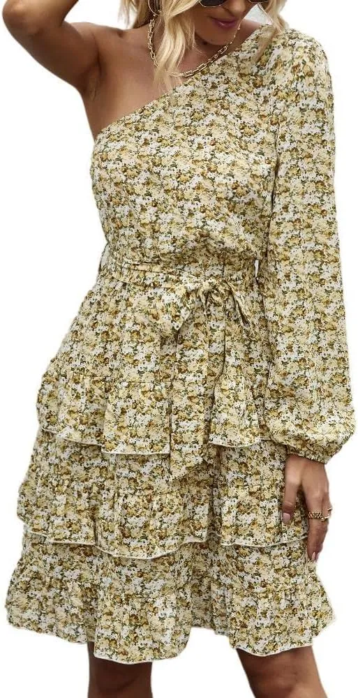 Women's One Shoulder Lantern Long Sleeve Dress, Floral Printed Ruffle Hem Pullover Casual Fall Short Mini Dresses