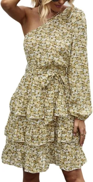 Women's One Shoulder Lantern Long Sleeve Dress, Floral Printed Ruffle Hem Pullover Casual Fall Short Mini Dresses