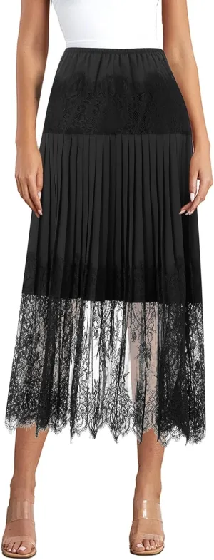 Women's Patchwork Floral Lace Hem Midi Skirt Elastic Waist Low Rise A Line Skirt Summer Casual Pleated Flowy Skirt