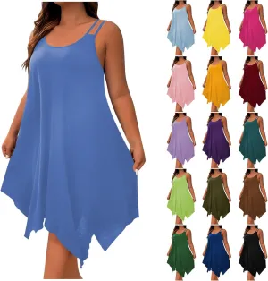 Womens Plus Size Dresses 2025 Summer Sleeveless Scoop Neck Asymmetrical Hem Flowy Midi Cami Dress Casual Loose Dresess