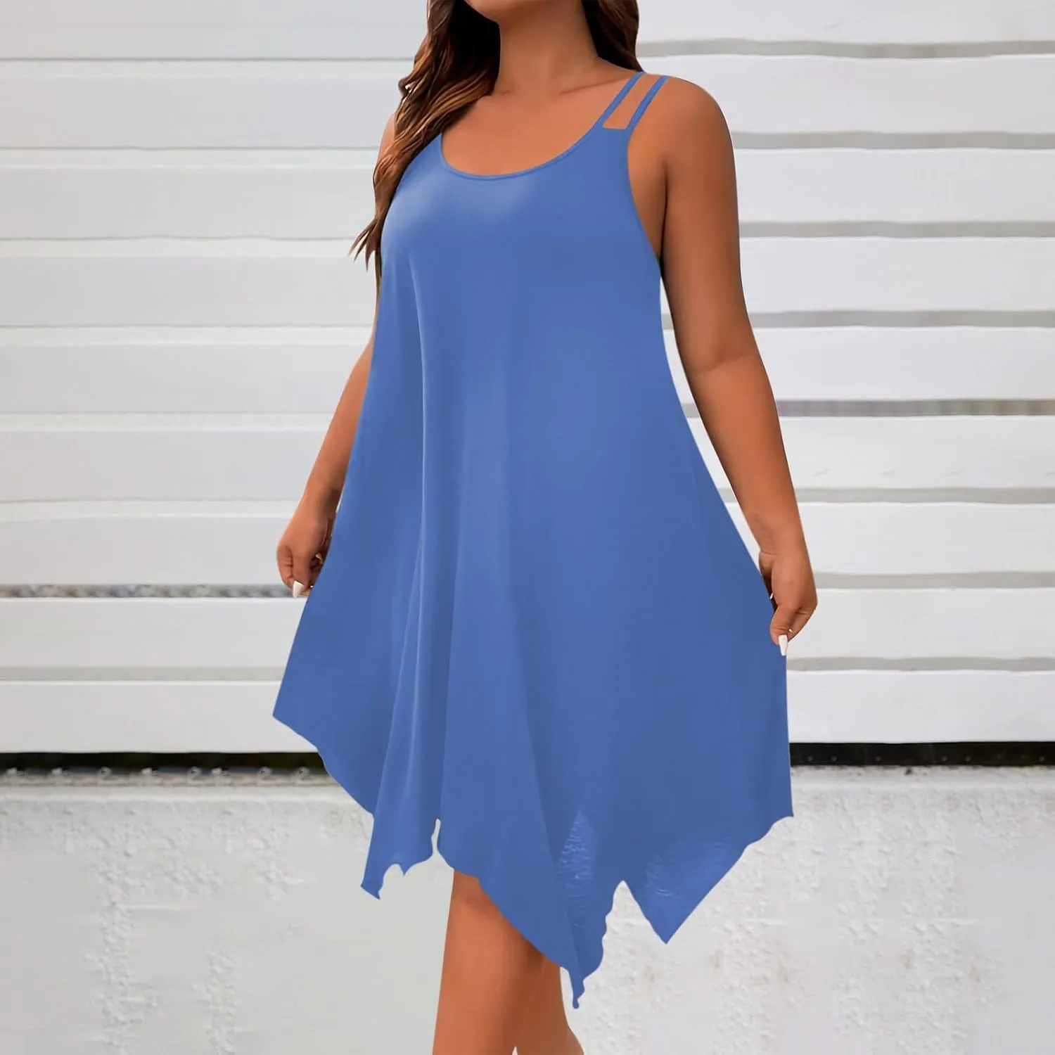 Womens Plus Size Dresses 2025 Summer Sleeveless Scoop Neck Asymmetrical Hem Flowy Midi Cami Dress Casual Loose Dresess