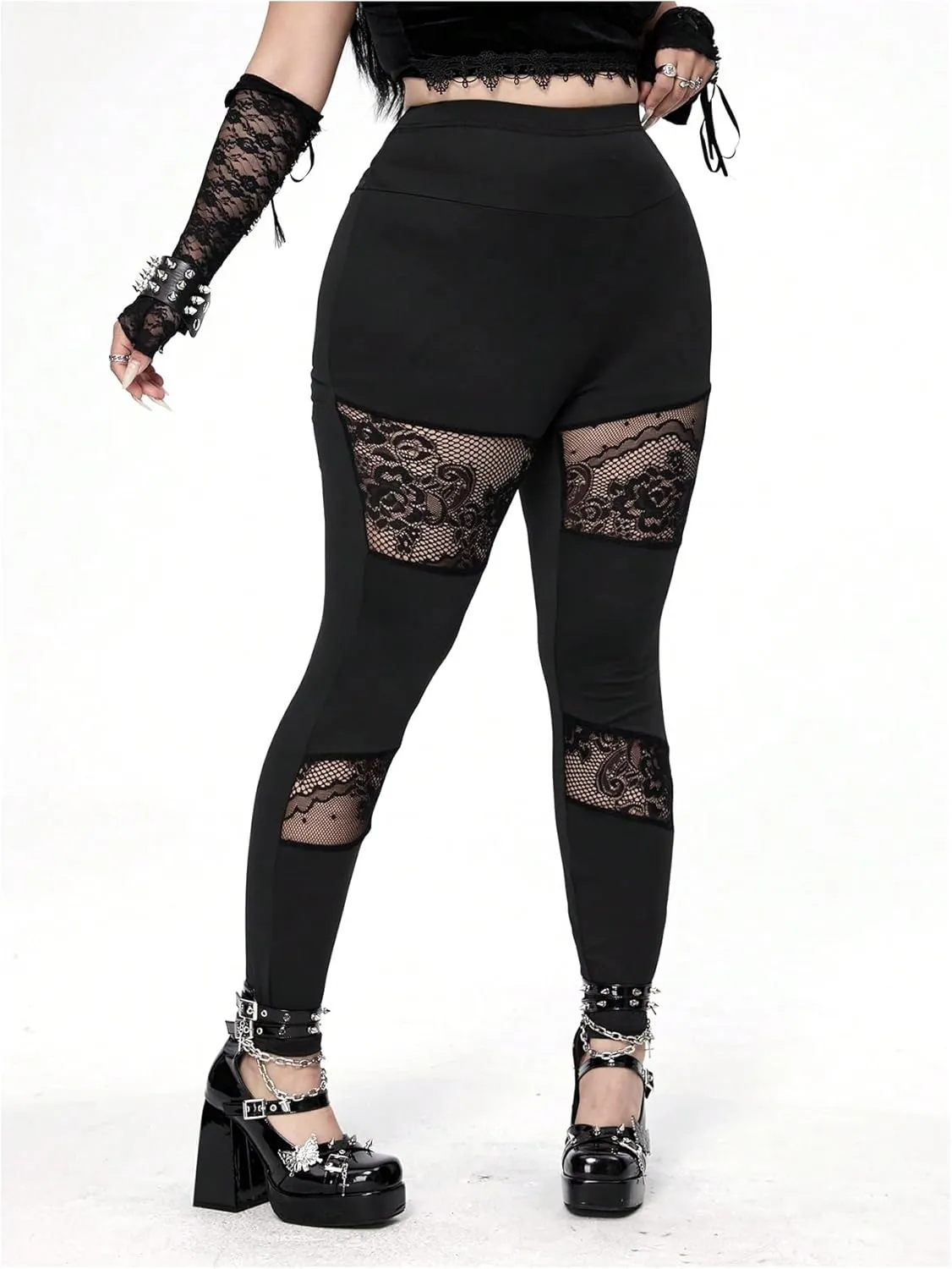 Women's Plus Size Floral Lace Legging Pants Mesh Fitted Pant Club Wear