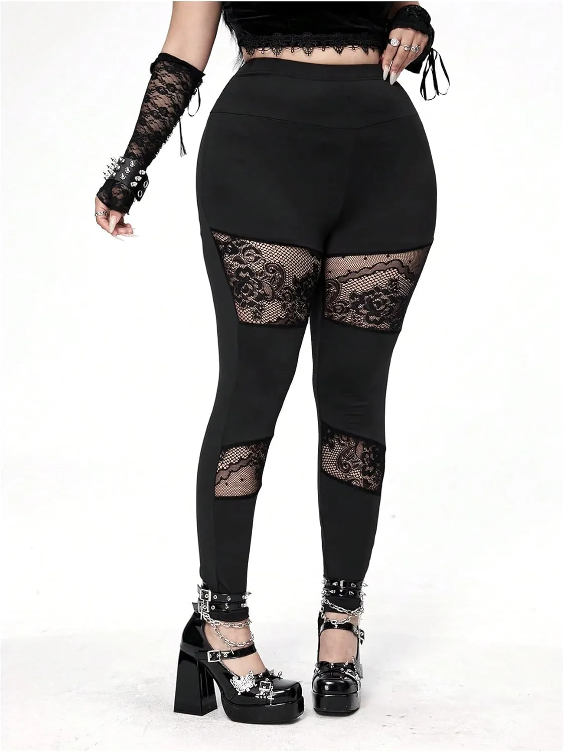 Women's Plus Size Floral Lace Legging Pants Mesh Fitted Pant Club Wear