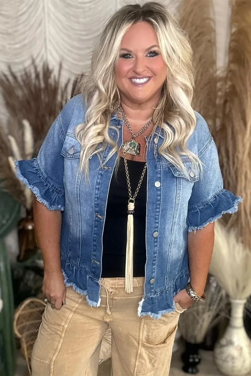 Women's Plus Size Peacock Blue Ruffled Frayed Short Sleeve Denim Jacket