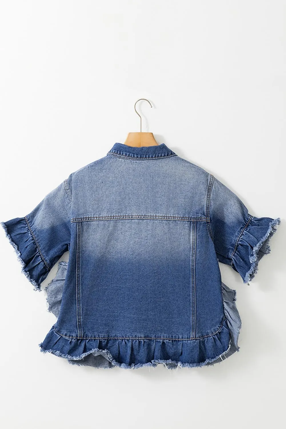 Women's Plus Size Peacock Blue Ruffled Frayed Short Sleeve Denim Jacket
