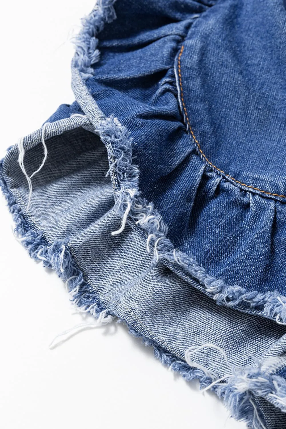 Women's Plus Size Peacock Blue Ruffled Frayed Short Sleeve Denim Jacket