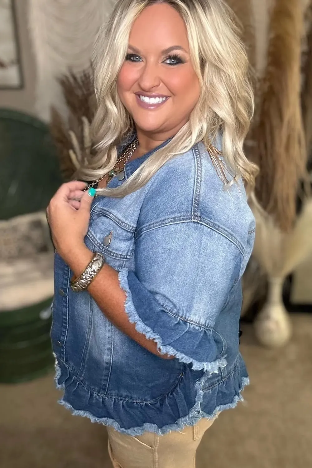 Women's Plus Size Peacock Blue Ruffled Frayed Short Sleeve Denim Jacket