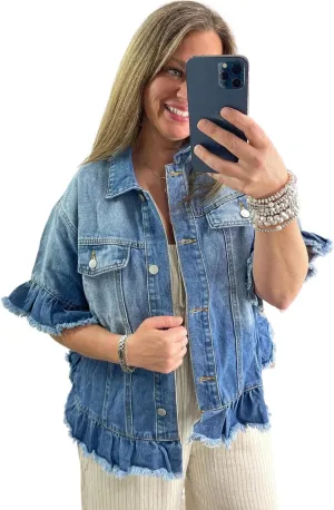 Women's Plus Size Peacock Blue Ruffled Frayed Short Sleeve Denim Jacket