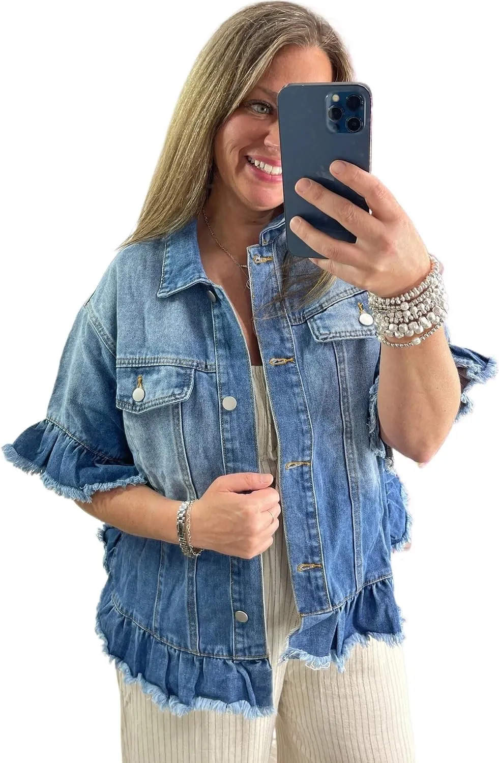 Women's Plus Size Peacock Blue Ruffled Frayed Short Sleeve Denim Jacket