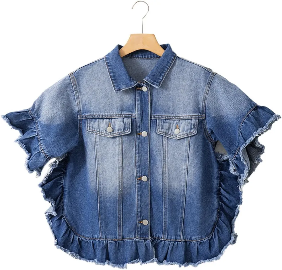 Women's Plus Size Peacock Blue Ruffled Frayed Short Sleeve Denim Jacket