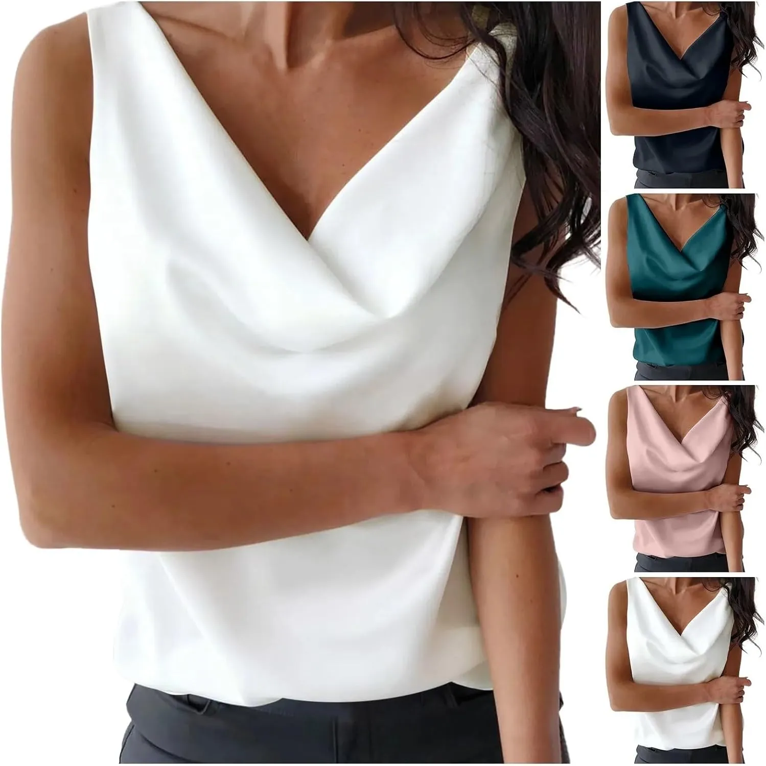 Women's Plus Size Silk Satin T-Shirt Vest Casual Sleeveless Round Neck Camisole Shirt