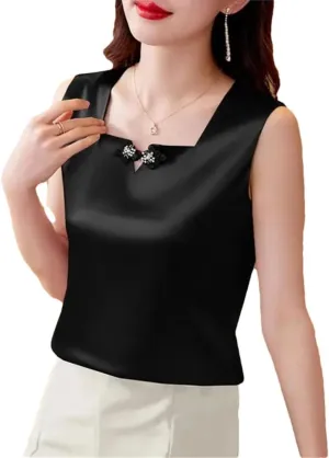 Women's Satin Camisole Tank Tops Square Neck National Button Sleeveless Top Silk Vest