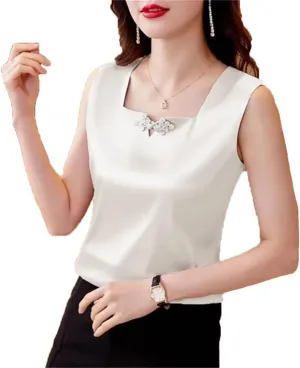 Women's Satin Camisole Tank Tops Square Neck National Button Sleeveless Top Silk Vest