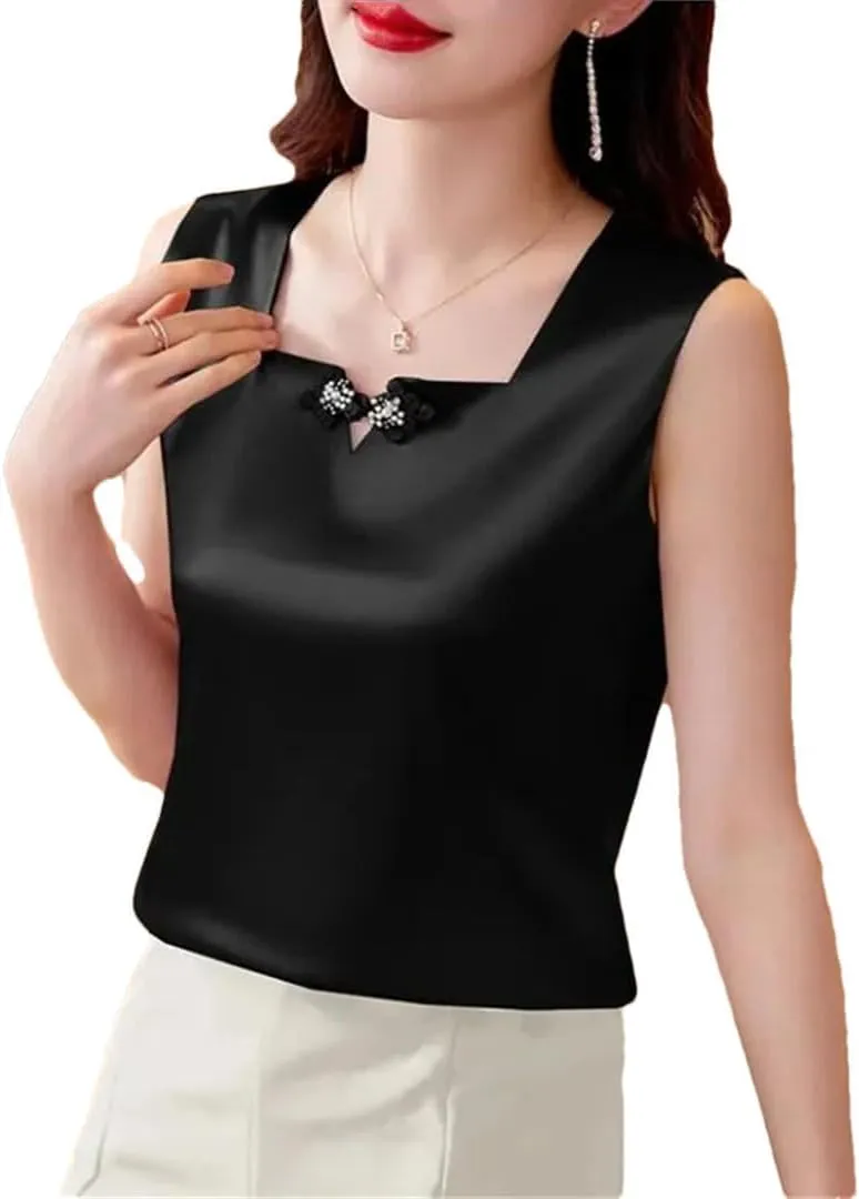 Women's Satin Camisole Tank Tops Square Neck National Button Sleeveless Top Silk Vest