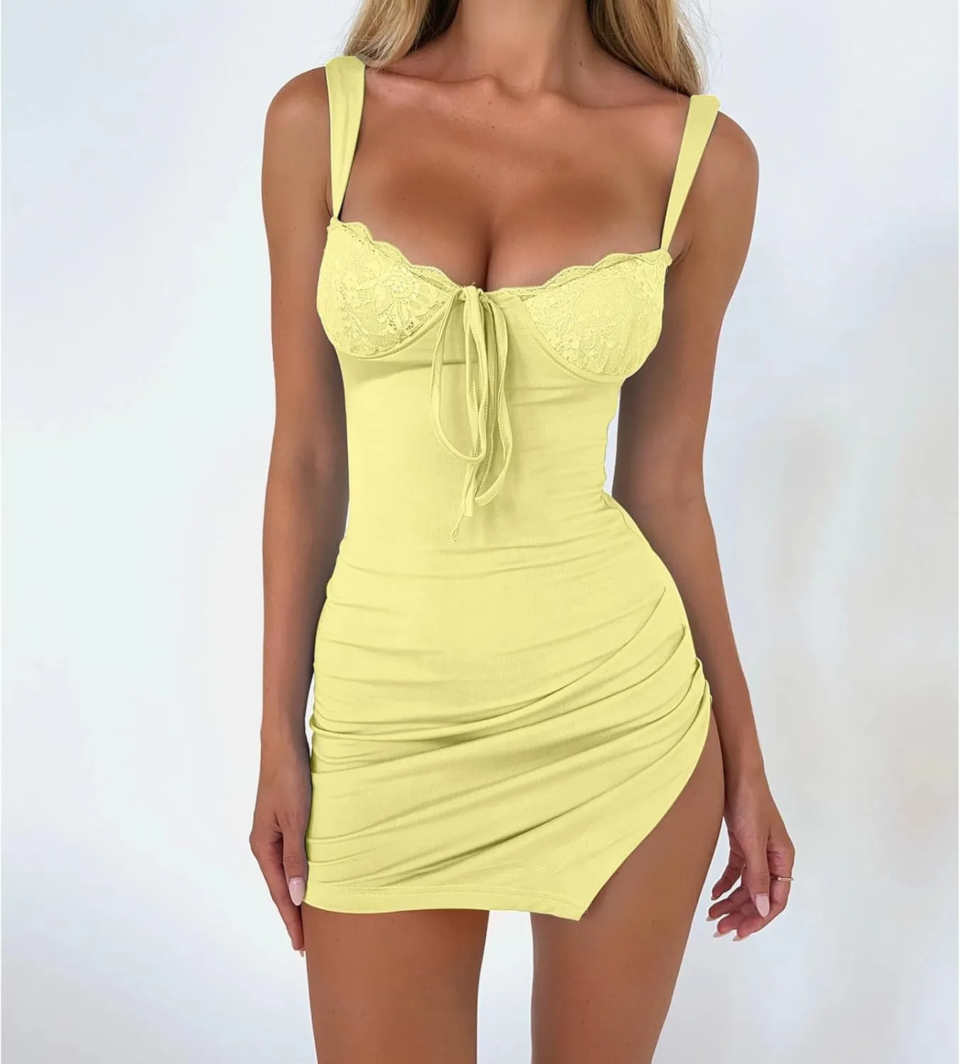 Womens Sexy Lace Dress Tight Going Out Slip Ruched Spaghetti Sweetheart Neck Party Bodycon Mini Dresses