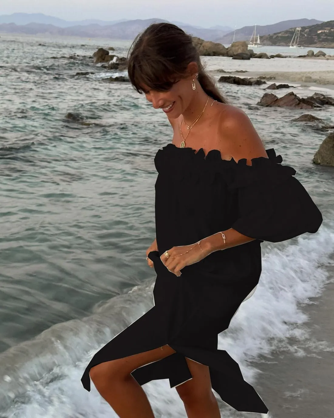 Womens Sexy Off Shoulder Dress Casual Loose Short Sleeve High Waist Side Split Flowy A Line Long Maxi Dress