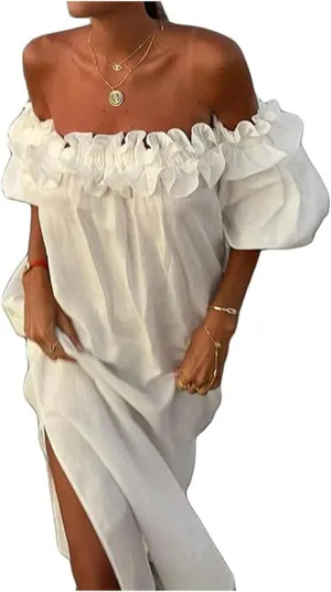 Womens Sexy Off Shoulder Dress Casual Loose Short Sleeve High Waist Side Split Flowy A Line Long Maxi Dress
