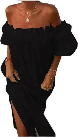 Womens Sexy Off Shoulder Dress Casual Loose Short Sleeve High Waist Side Split Flowy A Line Long Maxi Dress