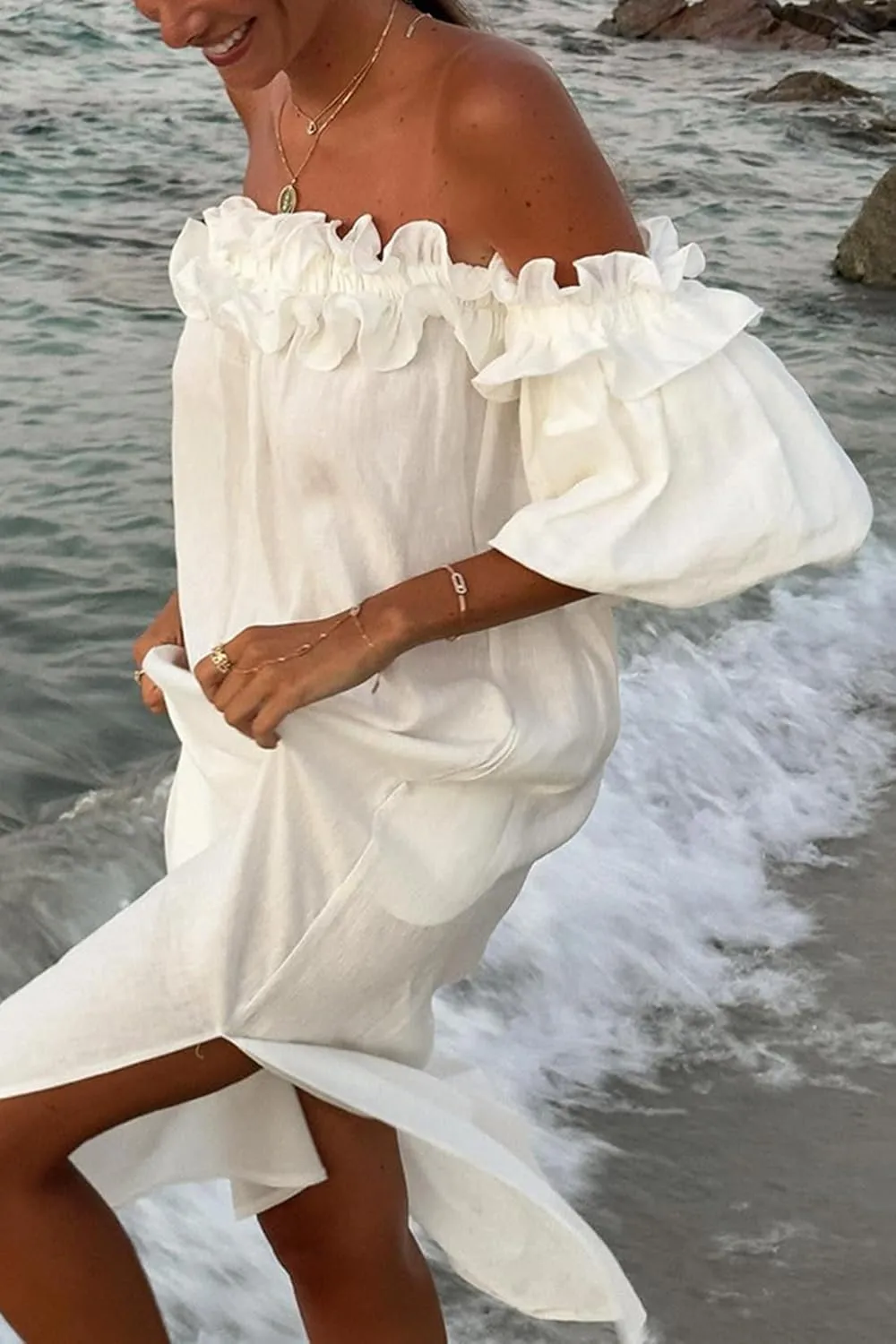 Womens Sexy Off Shoulder Dress Casual Loose Short Sleeve High Waist Side Split Flowy A Line Long Maxi Dress