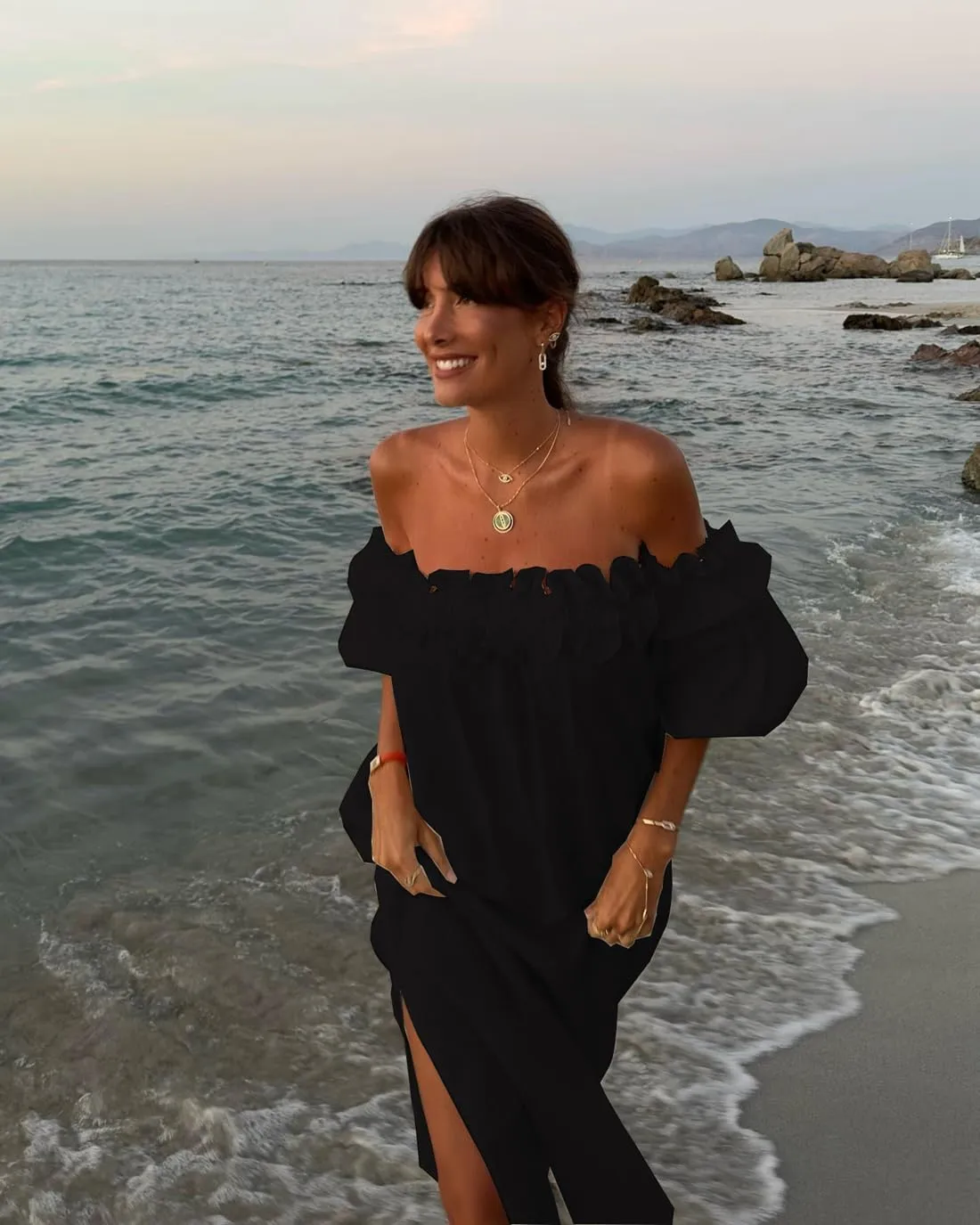 Womens Sexy Off Shoulder Dress Casual Loose Short Sleeve High Waist Side Split Flowy A Line Long Maxi Dress