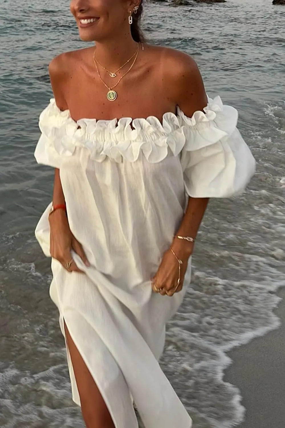 Womens Sexy Off Shoulder Dress Casual Loose Short Sleeve High Waist Side Split Flowy A Line Long Maxi Dress