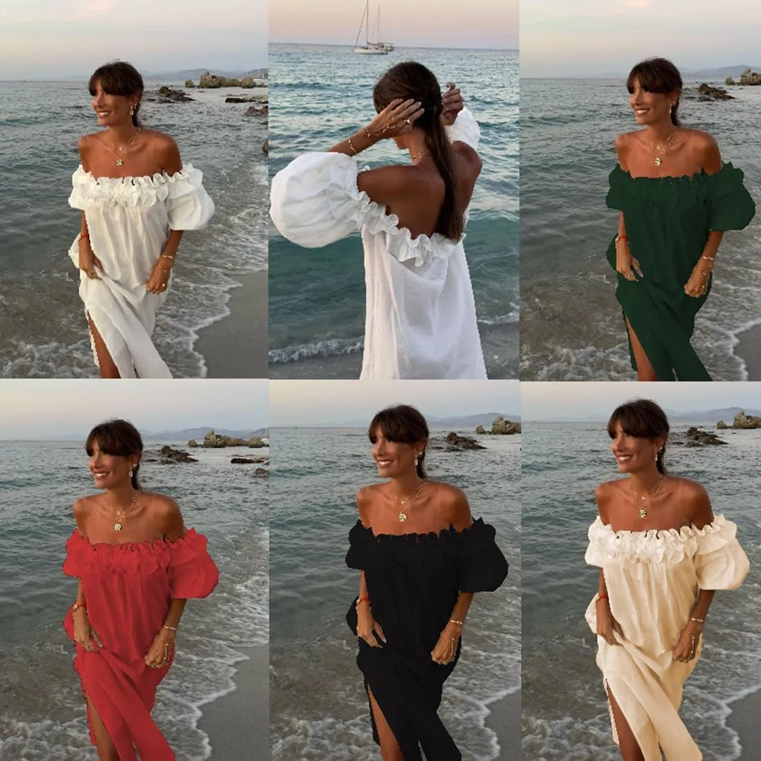 Womens Sexy Off Shoulder Dress Casual Loose Short Sleeve High Waist Side Split Flowy A Line Long Maxi Dress