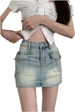 Women's Sexy Skinny Denim Mini Skirt Korean Vintage High-Waisted Denim Skirt with Pockets