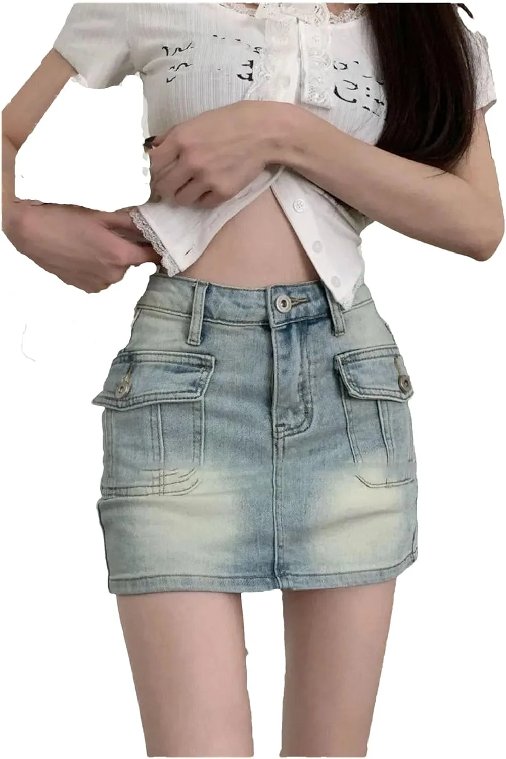 Women's Sexy Skinny Denim Mini Skirt Korean Vintage High-Waisted Denim Skirt with Pockets