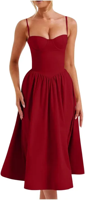 Womens Sexy Square Neck Corset Dress Sleeveless Spaghetti Strap Bustier Midi Dresses Backless Cottagecore Sundresses