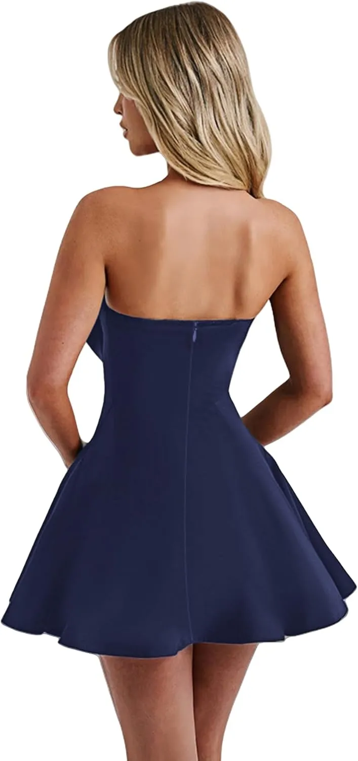 Women's Sexy Strapless Tube Dress with Bow Elegant Flare Formal Dresses Off Shoulder Dress Wedding Dresses for Women