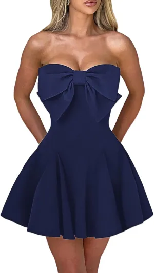 Women's Sexy Strapless Tube Dress with Bow Elegant Flare Formal Dresses Off Shoulder Dress Wedding Dresses for Women