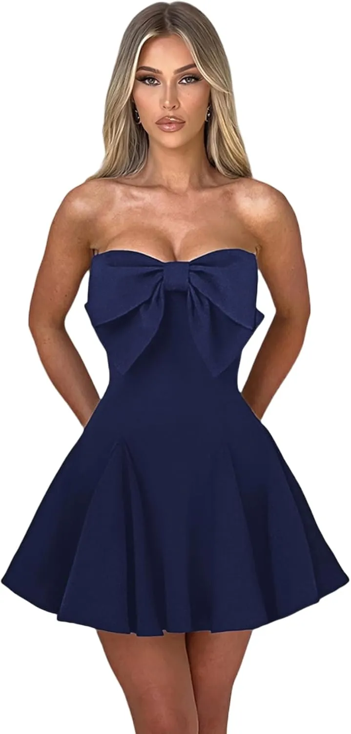 Women's Sexy Strapless Tube Dress with Bow Elegant Flare Formal Dresses Off Shoulder Dress Wedding Dresses for Women