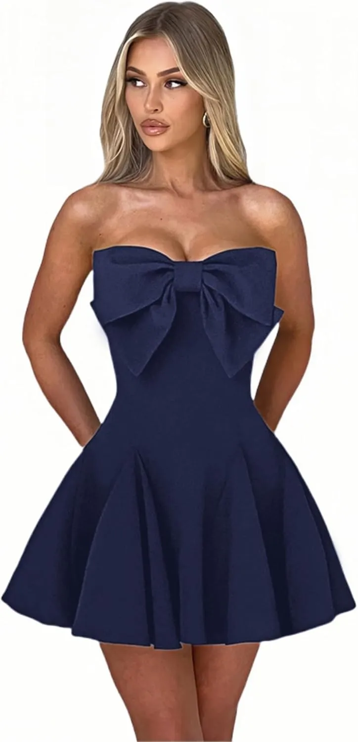 Women's Sexy Strapless Tube Dress with Bow Elegant Flare Formal Dresses Off Shoulder Dress Wedding Dresses for Women
