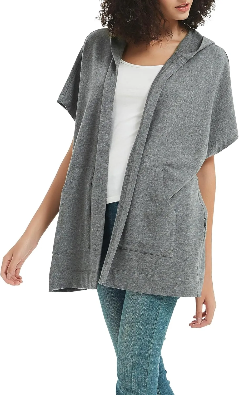 Womens Short Sleeve Cardigan Lightweight Summer Casual Open Front Hoodie Top with Pockets